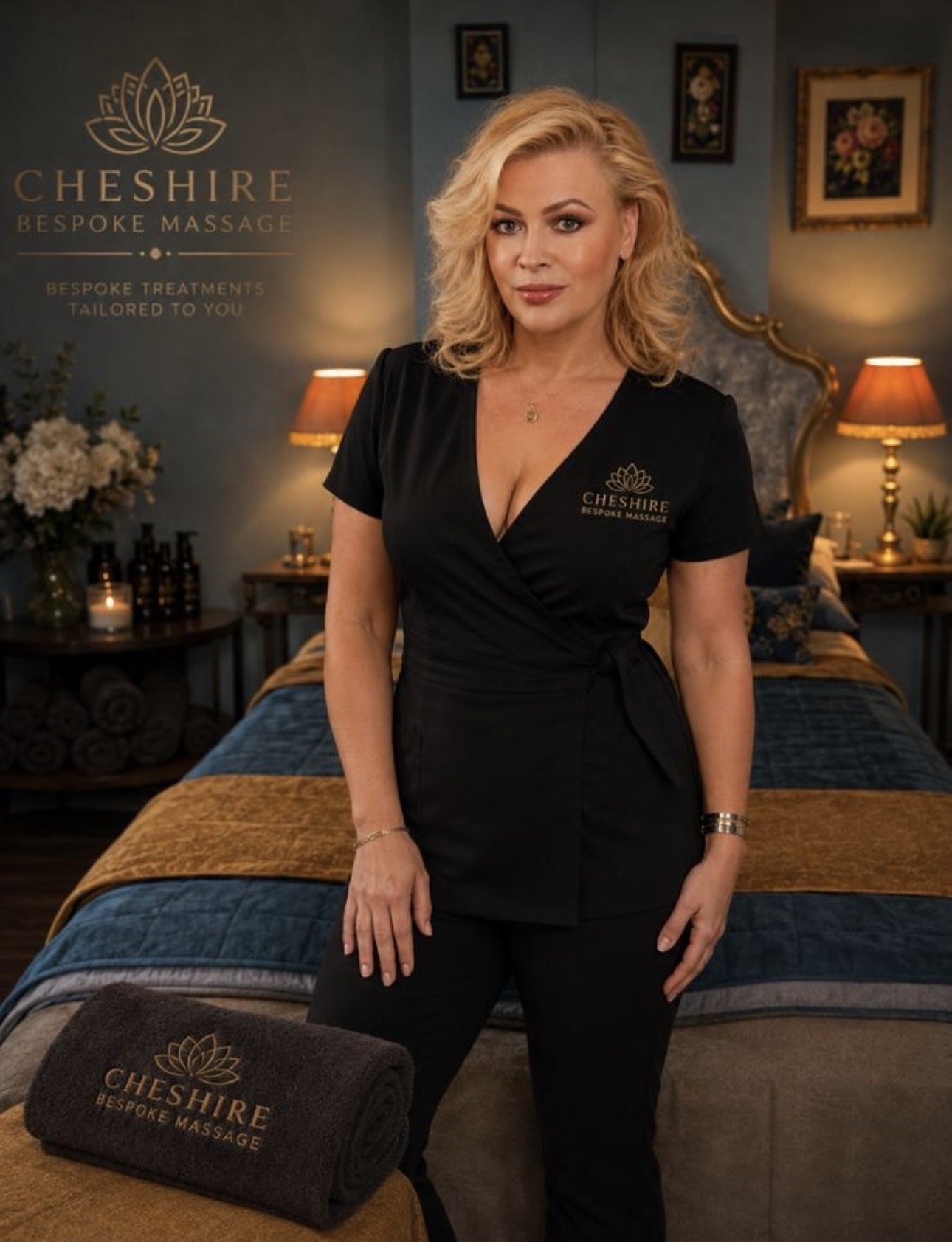 title A woman in a black outfit stands confidently in a massage therapy room with a blue and gold color scheme, featuring a neatly made massage table and a logo for Cheshire Bespoke Massage on the wall.